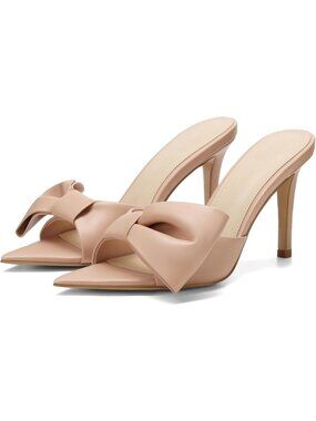 Women's Nude Pointed Open Toe Heels With Bow Fashion High Kitten Heels Slip On